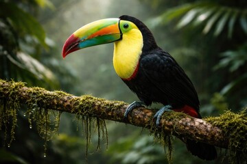 Obraz premium Detailed portrait of a keel billed toucan perched on a branch with rich moss in a humid tropical forest