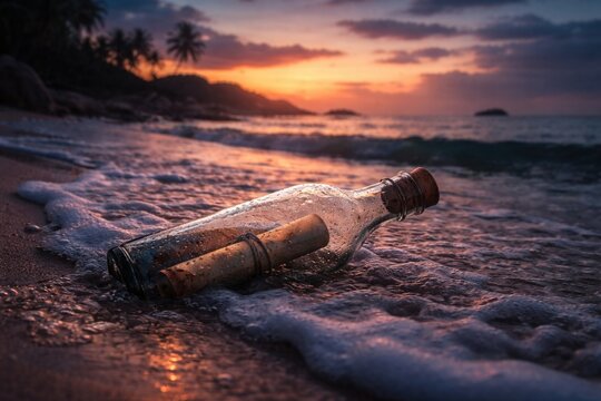 A tranquil beach at dusk with waves carrying a bottle that holds a secret message