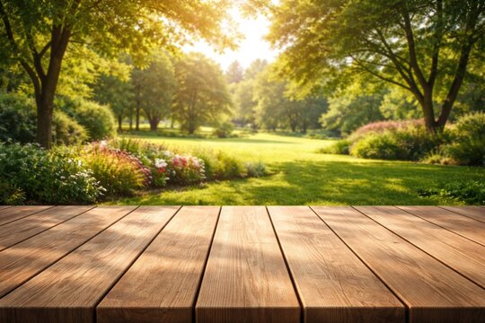 Clean wooden deck tabletop amidst flourishing park landscape great for product display montage