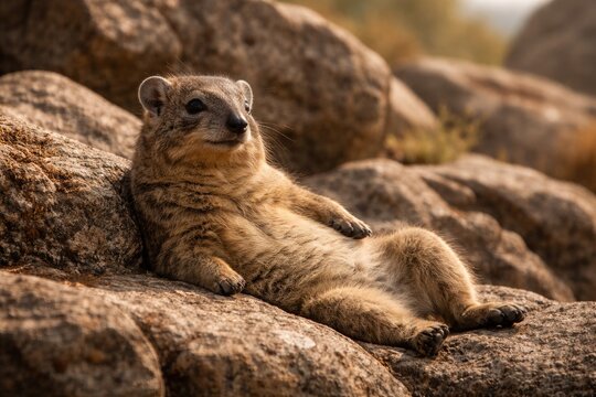 Relaxed Procavia Capensis sitting on rocky terrain to evade predators