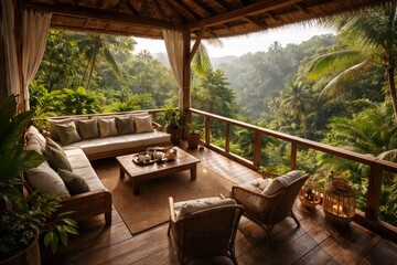 Fototapeta premium elevated look at a wooden veranda amidst a rich tropical green landscape
