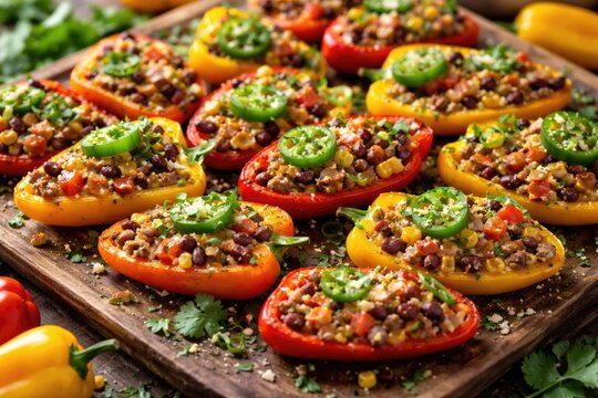 Fresh Mini Bell Pepper Nachos Garnished with Herbs