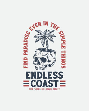 Skull with Palm Tree and Tropical Beach Slogan.