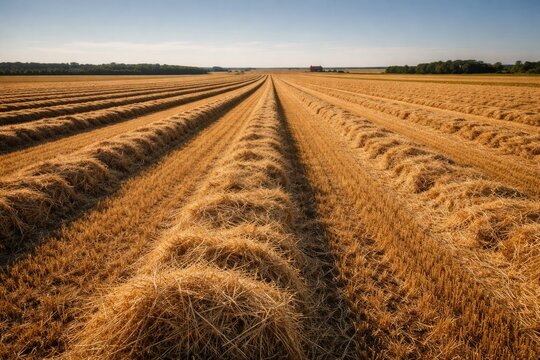 Golden hay arranged in linear windrows over expansive agricultural land under clear sky