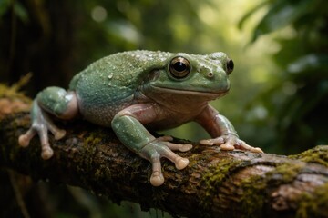 Obraz premium Litoria caerulea exhibiting slow movement while perched on branch