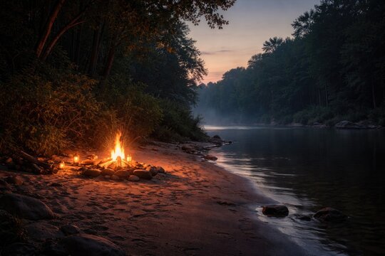 Gentle firelight glowing on a sandy riverbank edged with thick bushes and tall trees
