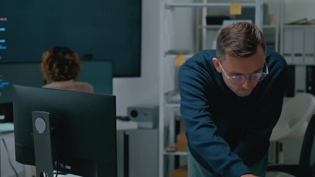 Adult male,asian female freelance typing write prompt AI bot IT app smart program,develop agentic ai,terminal with coding language,ux ui interface,designer,big data server center,quantum computer.