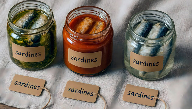 Homemade preserves, three jars of sardines in different sauces, rustic kitchen setting
