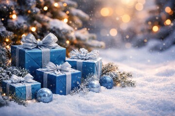 Obraz premium Blue wrapped gifts on snowy ground Christmas greeting card with copy space