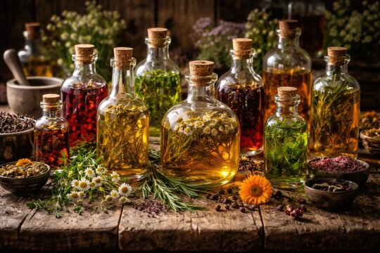 Bottles of herbal tinctures and infusions arranged on a rustic wooden table