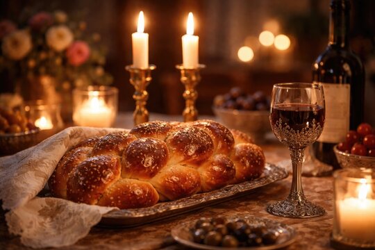 Celebratory Shabbat table display of braided bread, wine glass, and warm candle flames
