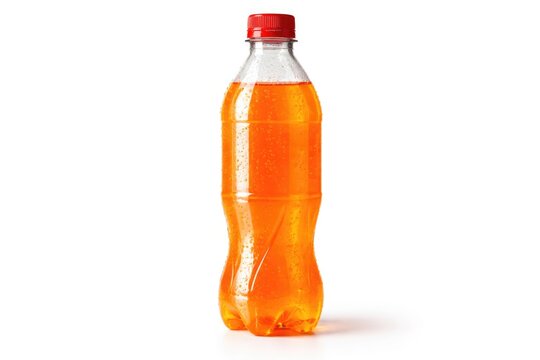 Brightly colored soda bottle made of plastic standing alone on white surface