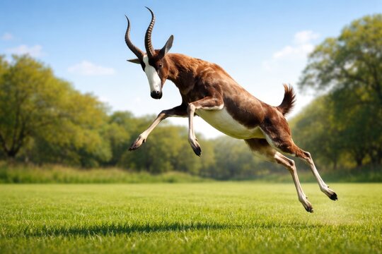 Energetic blesbuck playfully jumping on well kept green grassy lawn under clear summer sky full length