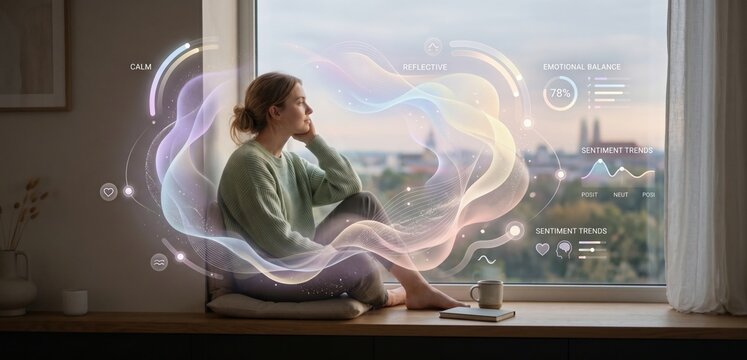 Woman Relaxing by Window with Holographic Mood and Sentiment Analysis Display