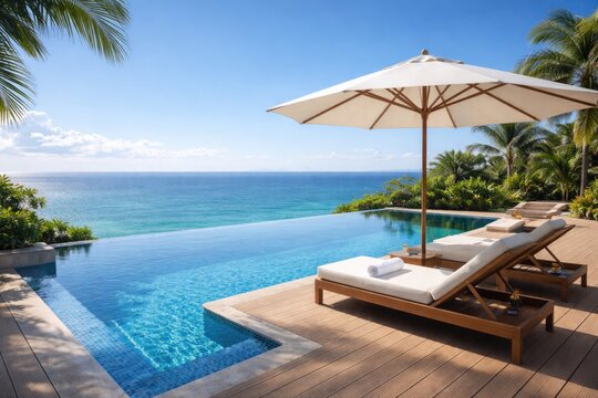 Elegant swimming pool with infinity edge, panoramic ocean vista, wooden decking, and broad white sunshade umbrella