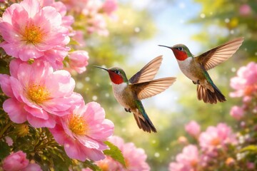 Obraz premium Cheerful twin hummingbirds soaring around spectacular pink floral bloom on summer day