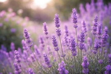 Obraz premium Lavender blossoms thriving in a serene spring garden with soft-focused backdrop