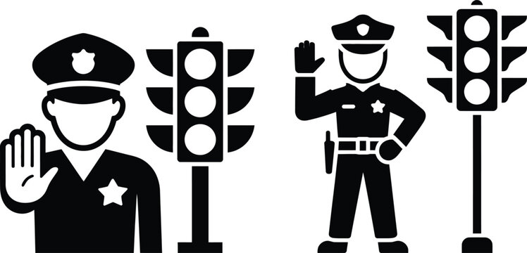Police officers directing traffic at intersections with hand signals and traffic lights