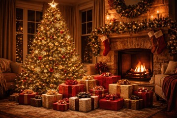 Obraz premium Christmas home interior featuring a glowing tree and carefully placed presents