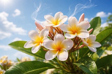 Obraz premium Open blue sky background showcasing a lush plumeria flower with scent