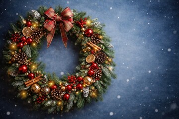 Obraz premium Christmas wreath adorned with mixed synthetic and natural components on blue backdrop with copy space