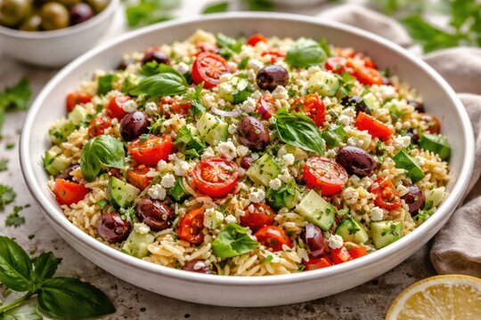 Light Mediterranean orzo salad tossed with crisp vegetables and mixed herbs