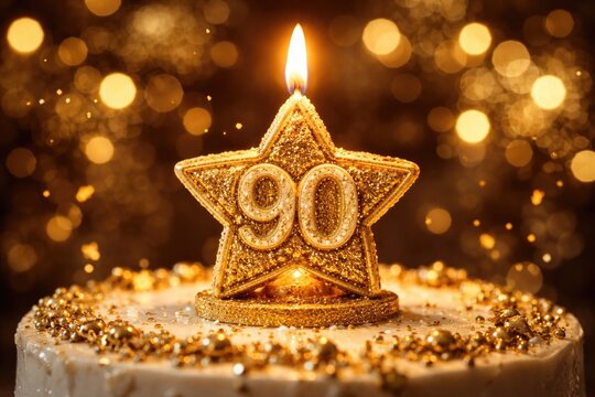 Glowing golden star candle shaped 90th birthday decor with flickering flame and bokeh glitter lights