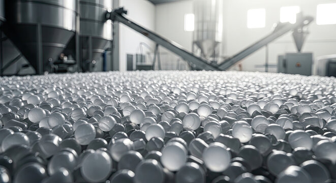 A large quantity of small round objects are being processed in a factory