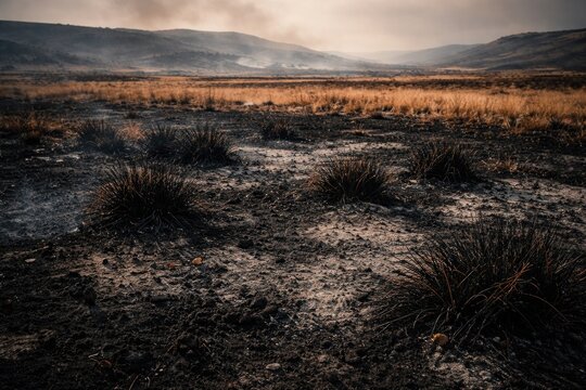 Burnt terrain featuring ash covered soil and black grass encircled by parched grasslands