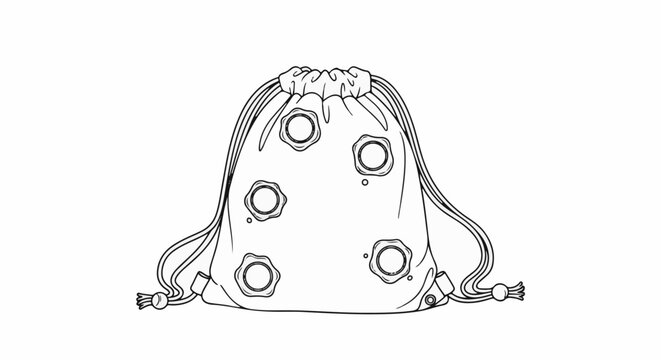 A line drawing of a cinch bag with circular details and drawstring closure