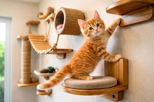 A vibrant kitten exploring an innovative cat climbing wallscape including copy space