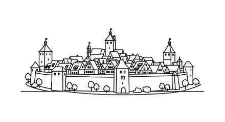 Obraz premium Whimsical line drawing of a walled medieval European town with spires and trees