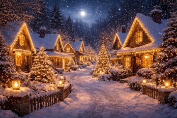 Obraz premium Charming cozy village winter night with snow and houses glowing in festive holiday lighting