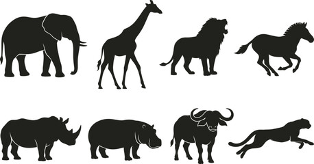 African Safari Animal Silhouettes Flat Vector Set Elephant Giraffe Lion Zebra Rhino Hippo and Cheetah Icons  © Madhuka Disanayaka