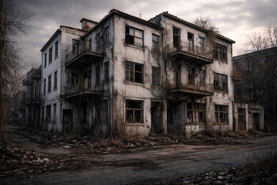 Old multi level white brick houses in a forsaken urban environment
