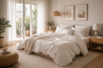 Fototapeta premium Domestic comfort shown by cozy white linen bed in stylish apartment room