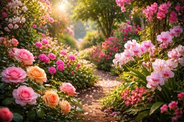 Fototapeta premium Joyful garden scene with blooming roses and orchids surrounded by verdant foliage and bright petals