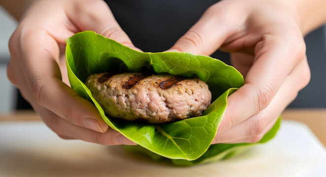Hands holding a collard green leaf wrapped around a savory meatball