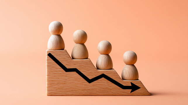 Figurine representing workforce adjustment during financial crisis impact with wooden figures on descending arrow showing decline and stress in employment
