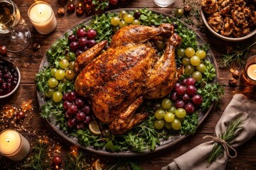 Obraz premium Festive poultry baked golden with fresh salad greens and grapes displayed on a rustic wood table viewed from a charming overhead composition