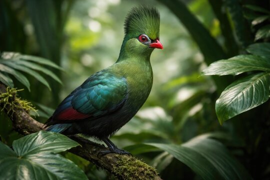 Exotic Turaco bird with red tipped beak perched among green foliage