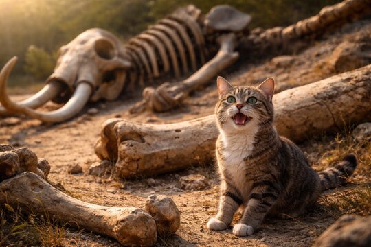 Happy feline near massive mammoth skeleton pieces with empty space for text