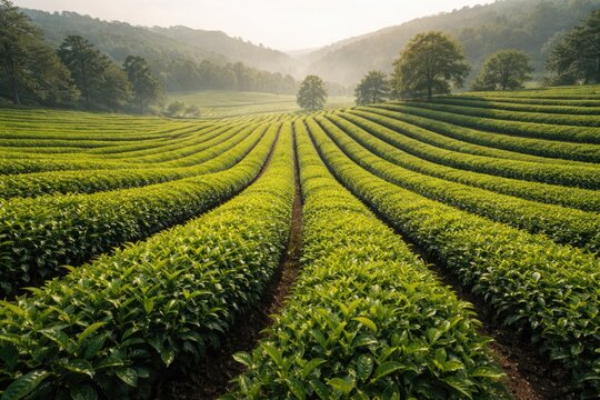 Expansive green tea garden with neat rows of tea bushes