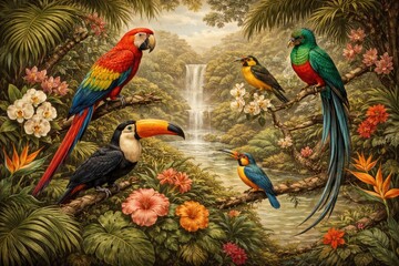 Obraz premium Classic retro style illustrations featuring tropical bird species