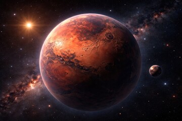 Obraz premium Banner image depicting Mars as a red planet with two orbiting moons in outer space