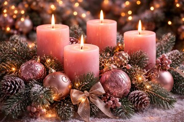 Obraz premium Christmas scene with glowing pink candles, pine branches, and elegant holiday ornaments