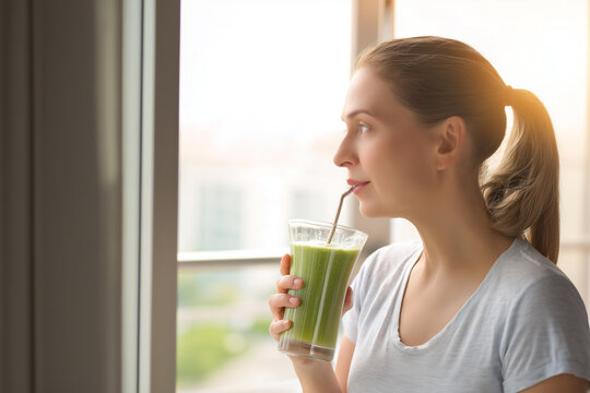 Young woman drinking green matcha protein shake by window, healthy lifestyle concept with colostrum supplement and wellness focus