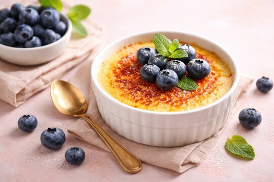 Delicious creme brulee and blueberries served on a pastel color background with copy space