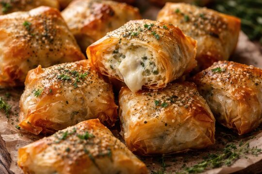 Crispy herb infused phyllo dough wrapped homemade cheese puff bites