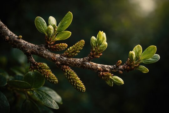 Botanical focus on Ceratonia siliqua branch with sprouting buds set against a dark natural backdrop